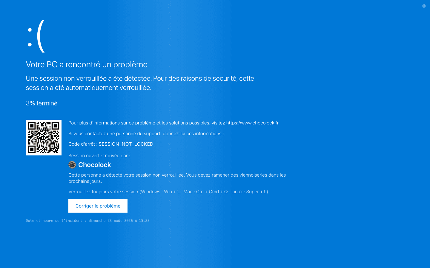 Faux écran bleu Windows annonçant une session non verrouillée